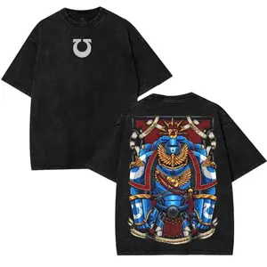 Warhammer 40K Ultramarine Legion Washed Graphic Tee Double-Sided Unisex Cotton Game Wargame Fan Casual Gamer Streetwear Menswear Top Vintage Womenswear