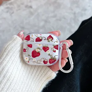 Strawberry Floral Fantasy Pattern Protective Case for AirPods 4/3/2/1/Pro/Pro2 Soft TPU Earphone Cover, Transparent with Keychain
