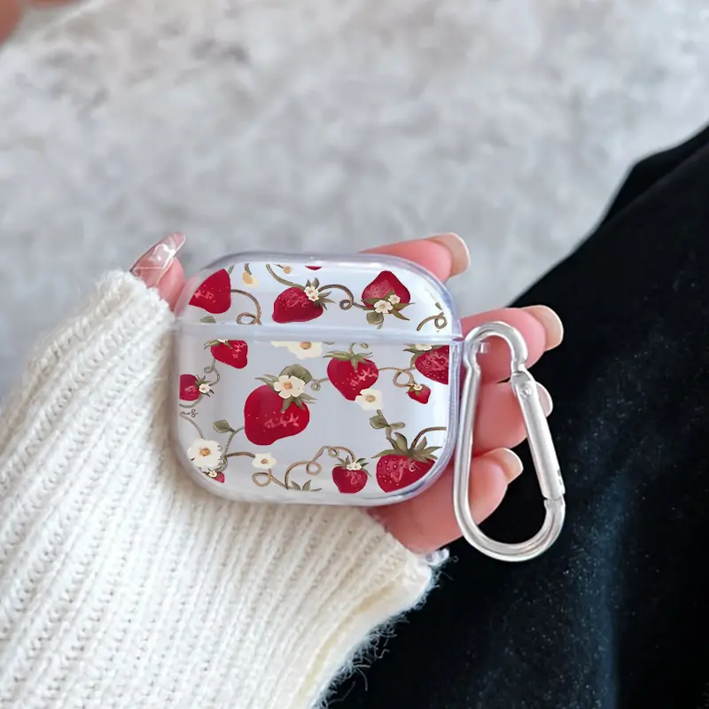 Strawberry Floral Fantasy Pattern Protective Case for AirPods 4/3/2/1/Pro/Pro2 Soft TPU Earphone Cover, Transparent with Keychain