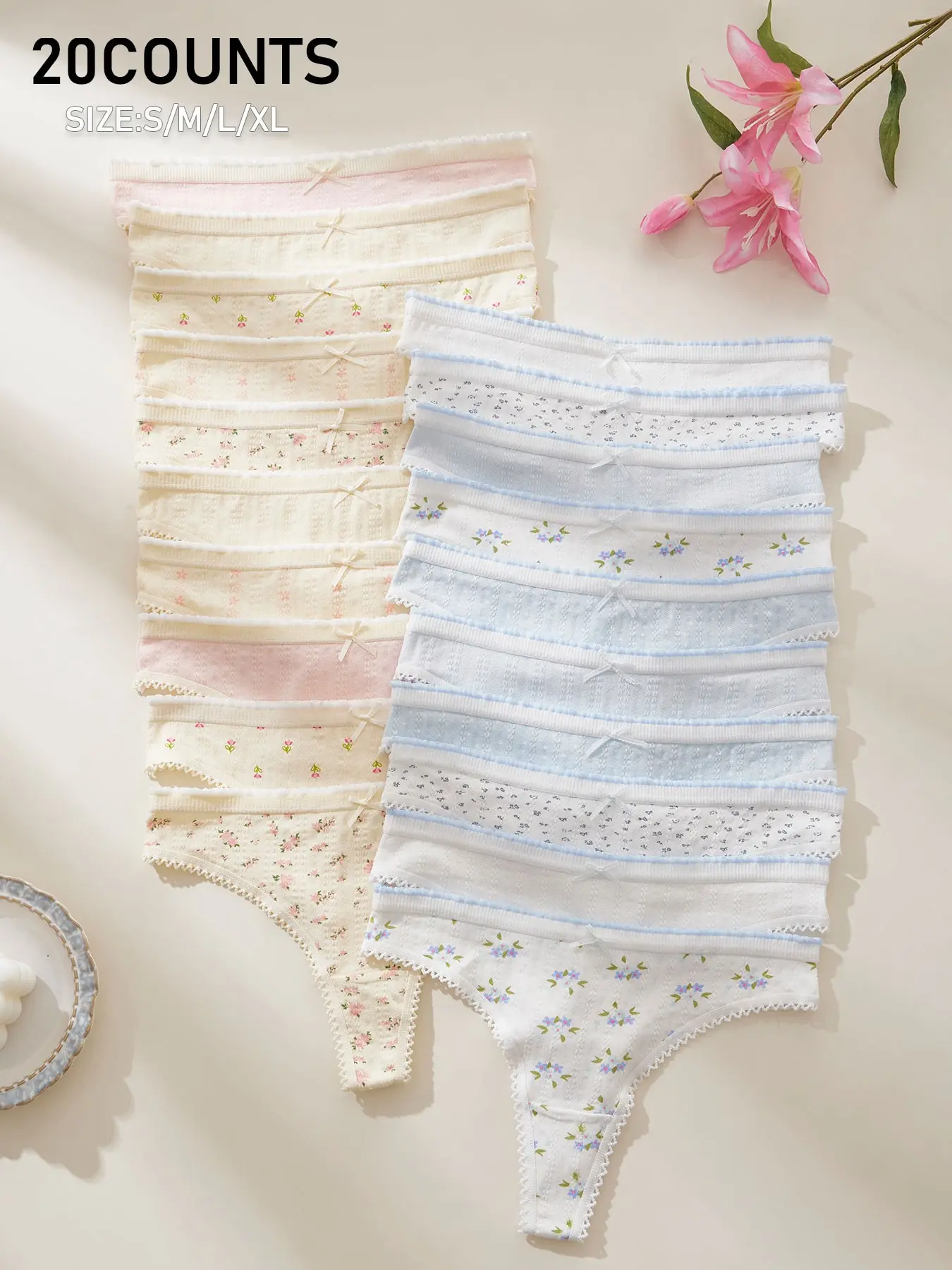 Women's Floral Thongs, Breathable Lace Trim, Soft Dot Pattern, High Elasticity, Cute Style, All Seasons, 5/10/20 Pcs Set