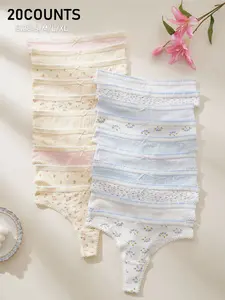 Women's Fresh Floral Cute Panties Set, Lace Trim Breathable Triangle Underwear, High Elasticity Comfortable All-Seasons Wear