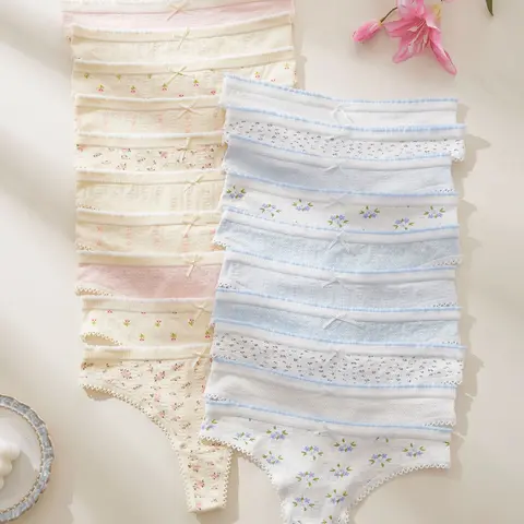 Women's Floral Thongs, Panties, Breathable Lace Trim, Soft Dot Pattern, High Elasticity Style, All Seasons, 5/10/20 Pcs Set