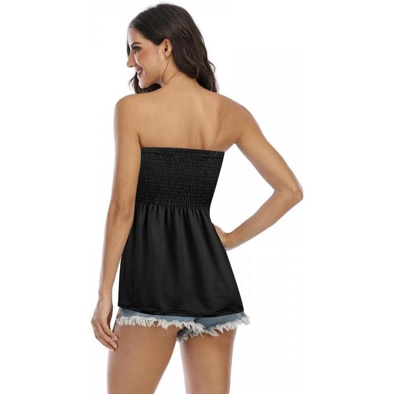 Women's Strapless Sleeveless Tube Tops Pleated Stretch Tunic Tanks Summer Blouse Cami Shirt Womenswear Bridal Basic Black Fitted Minimalist