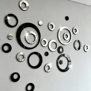24pcs Silver black combination hollow circularacrylic mirror wall sticker, suitable for homedecoration, living room, bathroom, bedroomback ground wall decoration, home decorationlintel decoration, DIY Removable detachable wall sticker Wall Decal