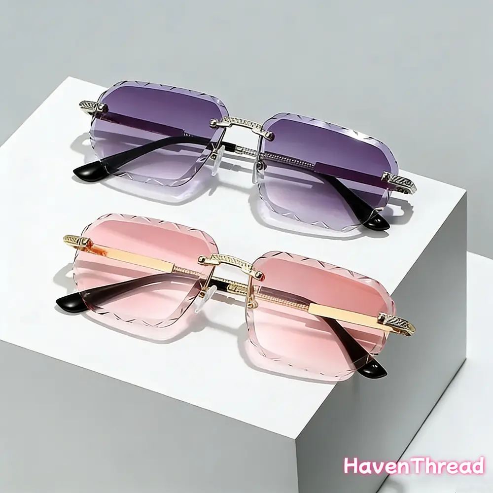 HavenThread Women's 2-Pack Rimless Small Square Metal Frame Sunglasses, UV400 UV-Protective Lenses, Sports Eyewear for Beach & Cycling, Small Square Glasses