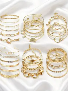 29 Pcs Golden Wrist Jewelry Set for Women Men Layering Enthusiasts Trendy Design Dainty Multi-layer Stackable Bracelets Bendable Open Cuff Bangles Flexible Shaping Classic Adjustable Paperclip Link Chains Sophisticated Italian Cuban Chain Silhouettes