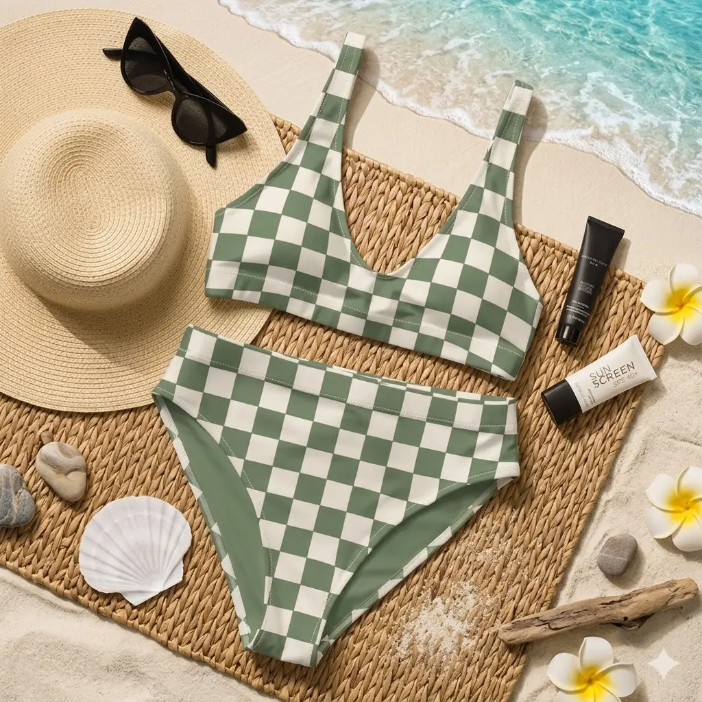 Retro Green Checkered Bikini Set | Vintage High Waisted Swim Suit | Sage Green Checked Bathing Suit Cheeky Bottoms
