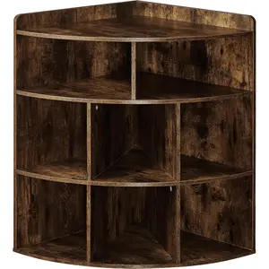 Corner Cube Shelf with USB Ports & Outlets, Modern Corner Toy Storage Rack with Adjustable Shlef, Wooden Display Bookshelf Bookcase for Living Room, Bedroom, Dining Room, Kitchen, Brown