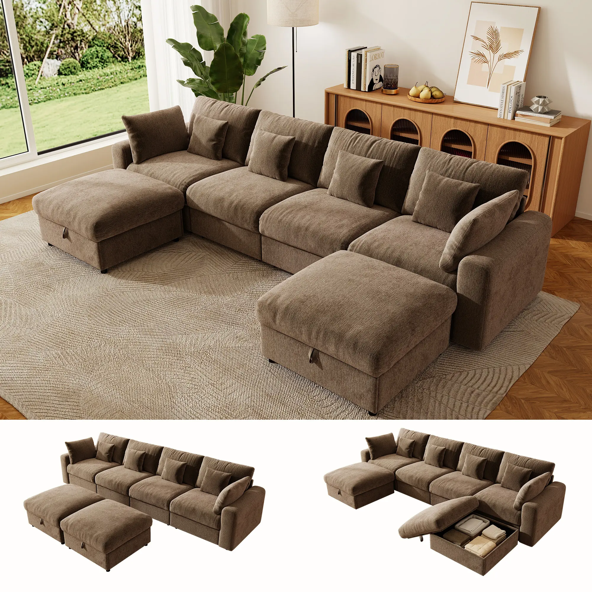 GuroMagicSofa 140" Extra Large Modular Chenille Beige Cloud Sofa - 2 Removable Storage Ottomans, Extra Deep Seat Couch, Indoor Living Room Furniture