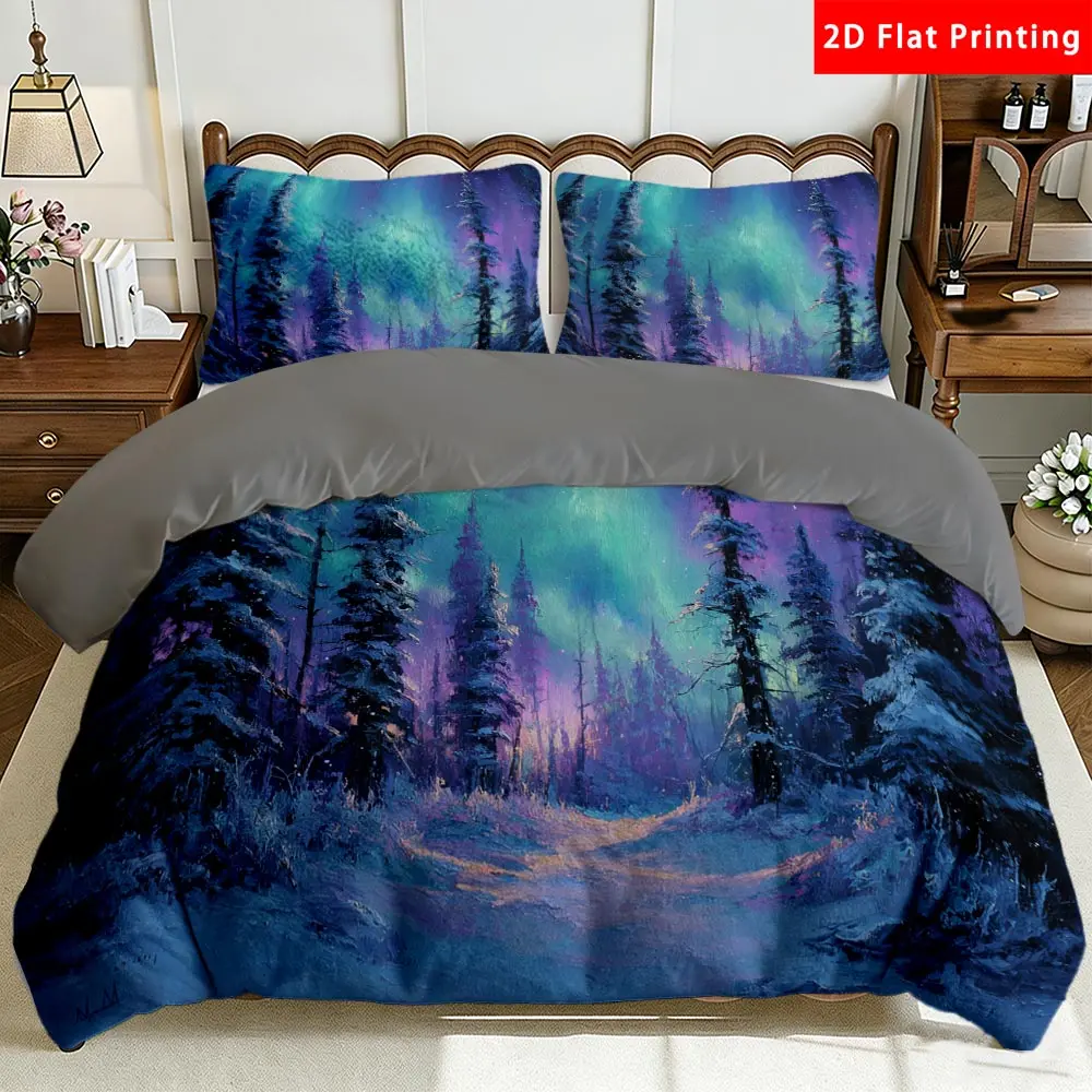 2/3 Pcs 2D Flat Northern Themed Milk Velvet Duvet Cover Set Snowy Forest Bedding Set Quilt Cover 1 Duvet Cover + 1/2 Pillowcases Starry Night Top Sheet Decorative Bedding Bedroom DecorThe Preferred Pick for Bedding