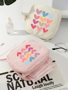 Heart Print Sanitary Pad Storage Bag, Portable Large Capacity Space Saving Organizer, for Tampons Pads Cotton Swabs, Travel Essential for Girls