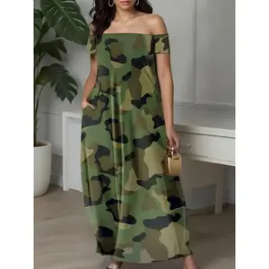 DressWomen's Off-the-Shoulder Casual Dress with Geometric Camouflage Print - A-Line Short Sleeve Machine Washable Spring/Fall Dress in Green/Black/Brown/Beige, Spring Fashion, Oversized Silhouette, Medium Elasticity Fabric Womenswear Spandex Summer(Sheet)