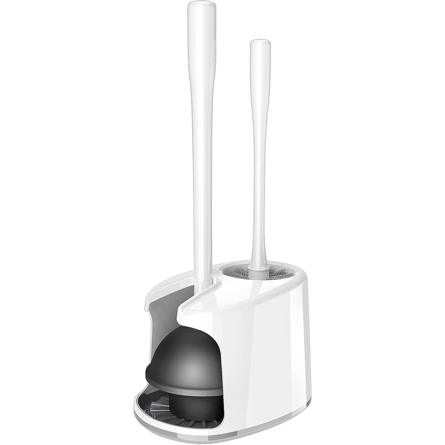 Heavy Duty Industrial Toilet Plunger and Bowl Brush Combo Set with 2-Compartment Holder, Durable Modern Rubber Handle Bathroom Accessory for Residential/Commercial Cleaning, White, 1 Set, Plunger Combo, Two Compartment