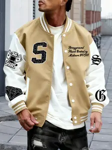Men's Trendy Baseball Jacket, Geometric Pattern, Colorblock Sleeves, Button Closure, Stretch Fabric, All Season Outerwear, Casual Style