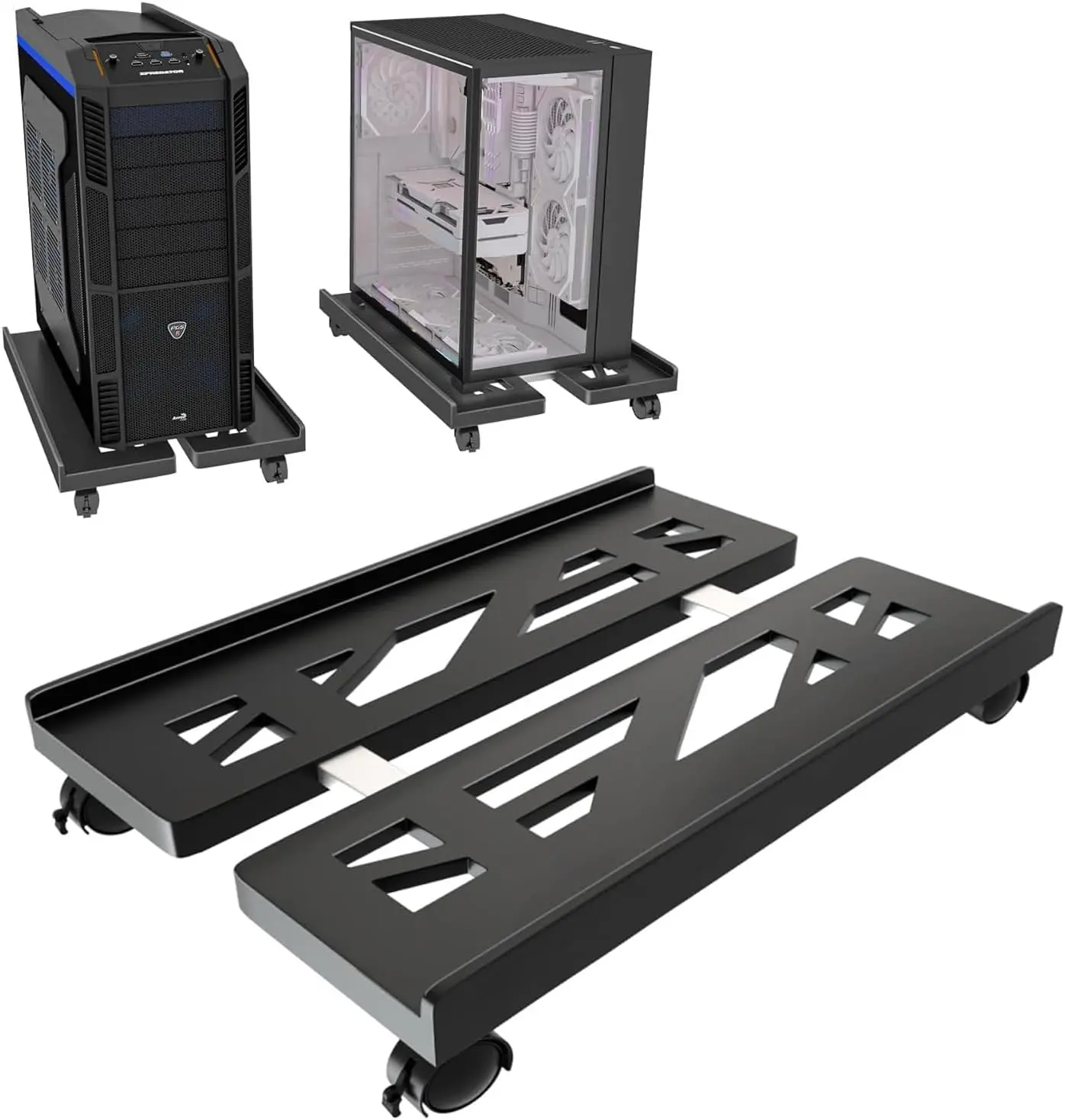 D-Black Adjustable Mobile Computer Tower Stand with 4 Rolling Casters, Portable Under-Desk CPU Holder, Office Furniture Piece