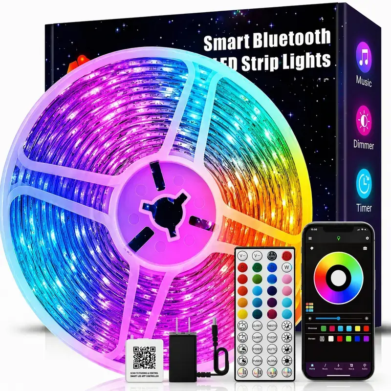 Led Strip Lights RGB Music Sync for Bedroom 130FT ,Bluetooth Christmas Lights with Smart App and Remote Control Indoor Lighting, for room decorating party decor`