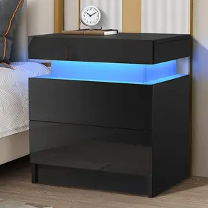 Hommpa LED Nightstand Modern Black Nightstand with Led Lights Wood Matte Led Bedside Table Night Stand with 2 High Gloss Drawers for Bedroom 20.5" Tall white stone black bedside table