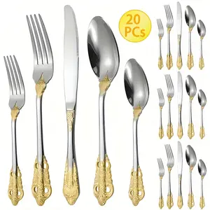 5/20 Piece Stainless Steel Silverware Set, Retro Style, Includes Knife Spoon And Fork For Kitchen,Dishwasher Safe Cutlery Set, Flatware Set Suitable For Hotel And Restaurant