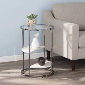 360 Stand 24 in. Iron Sled Round Indoor End Table - Contemporary Geometric Metal Base, Glass & Faux Marble, with 2 Shelves, Black, Contemporary Coffee Table, Modern Accent Tables