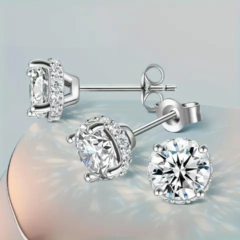 Unisex Silver-Metal Coated Geometric Square Ear Studs, 2-Carat Zircon Crystal Earrings, Boho Costume Jewelry, Daily Elegance Stack Accessories, Holiday Gift Idea, 2 Carats