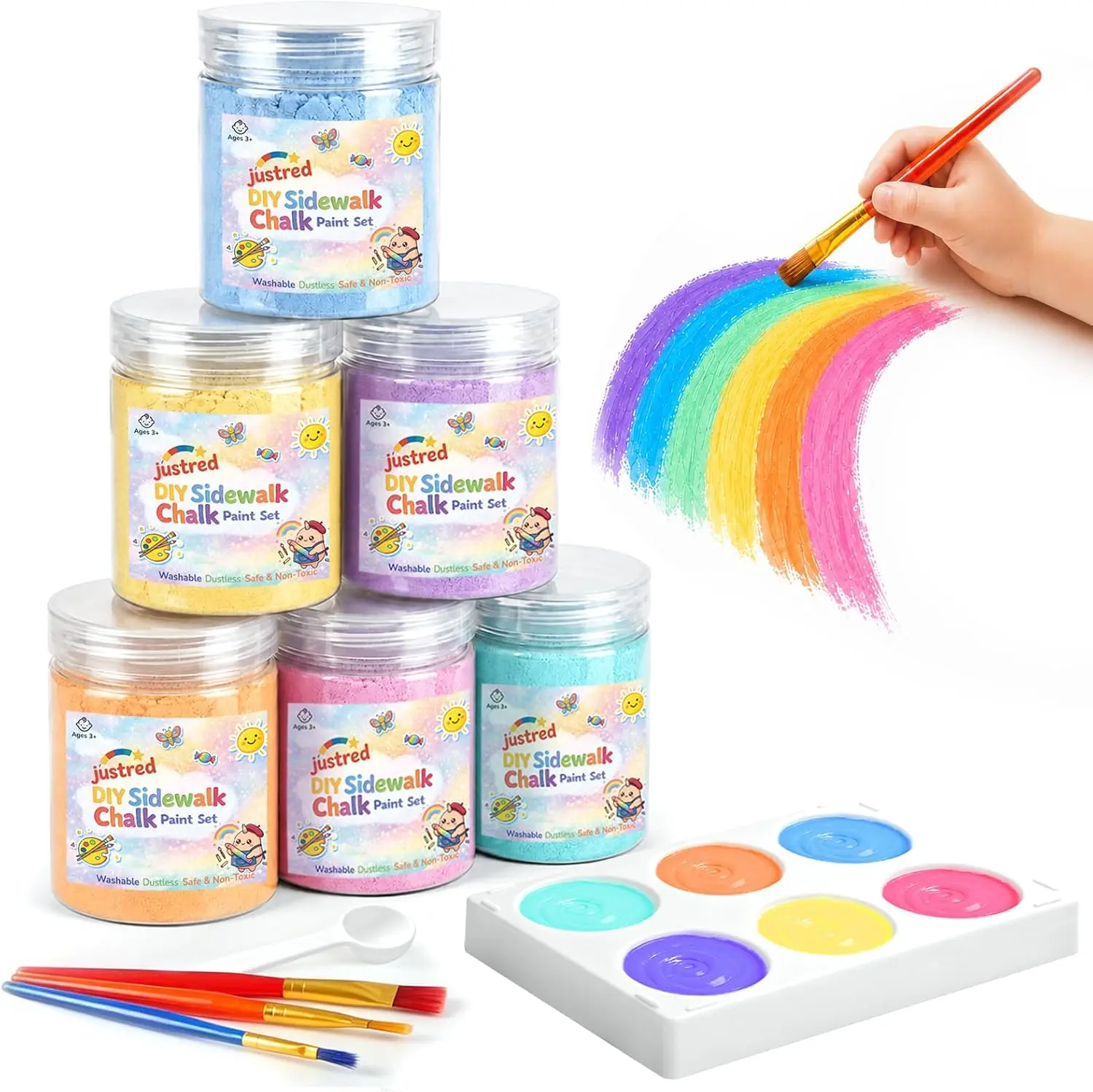 JustRed DIY Sidewalk Chalk Paint Set for Kids, 6 Colors with Brushes & Tray | Washable Non-Toxic Powdered Chalks Mix in Water, Kids Creative Artwork on Sidewalk Chalkboard Outdoor Art Supplies