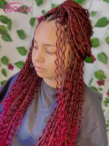 DOSAY 32 Inches Bohemian Box Braided Wig 360 Full Lace Synthetic Wig Curly Hair Ends Red Burgundy Blonde For Women Adjustable Cap With Straps Combs & Elastic Band