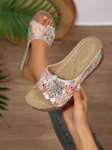 Women's Summer Wedge Sandals, Open-Toe Thick Sole Floral Decor, Comfortable Non-Slip Casual Shoes, Ideal for Beach Vacation & Outdoor Walking