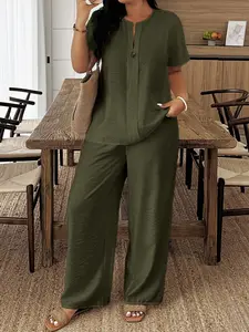 Spring Summer New Plus Size Women's Casual Long Sleeve Shirt & Loose Pants Set, Perfect for Vacation & Daily, Ly095