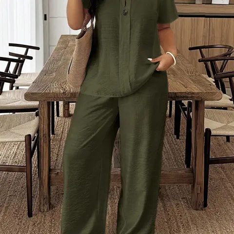 Spring & Summer New Plus Size Women's Casual Fit Solid Long Sleeve Shirt & Loose Baggy Pants Set for Vacation & Daily Wear Clothes