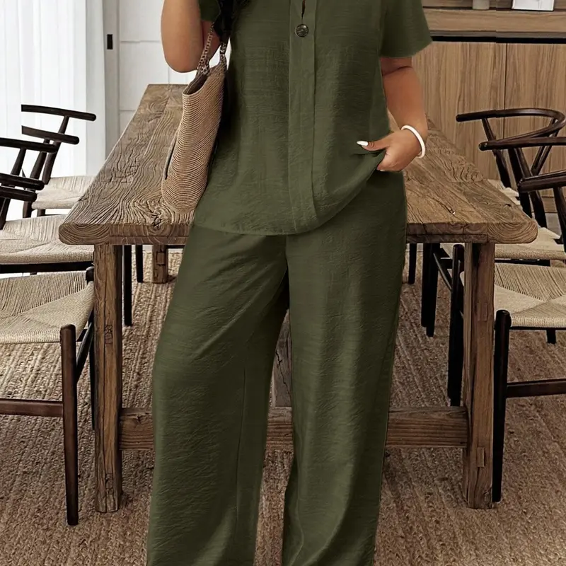 Spring & Summer New Plus Size Women's Casual Fit Solid Long Sleeve Shirt & Loose Baggy Pants Set for Vacation & Daily Wear Clothes