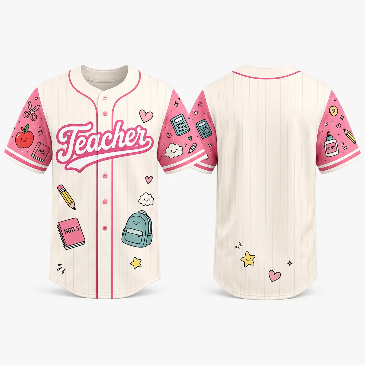 Teacher Pink Button Up Jersey Shirt, School Supplies Graphic Short Sleeve Top, Cute Classroom Inspired Unisex Relaxed Fit Jersey