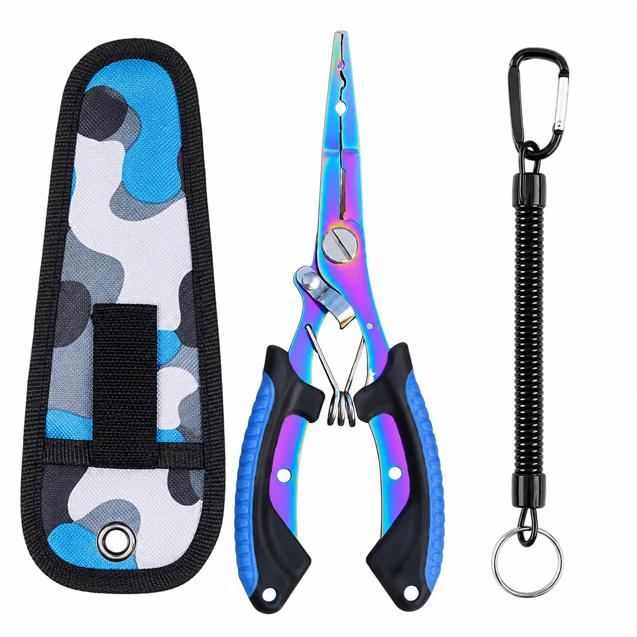 Fishing Pliers with Braid Cutter, Long Nose Split Ring & Hook Remover Tool, Rainbow Titanium Coated, Spring Loaded with Safety Lock, Lanyard & Sheath for Freshwater & Saltwater Fishing fish grips pe line