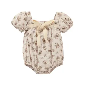 Newborn Baby Girl Cotton Summer Clothes Vintage Floral Romper Square Neck Short Sleeve Bodysuit Jumpsuit