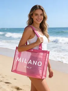 Large Capacity Mesh Shoulder Bag, Nylon Net Fabric, Milano Logo, Portable Beach Vacation Handbag, Transparent Makeup Bag, Shopping Bag, Shopper Handbag, Beach Bags