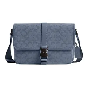 COACH League 29 Classic Monogram Textured Canvas and Leather Crossbody Bag for Men, Large Size, Blue