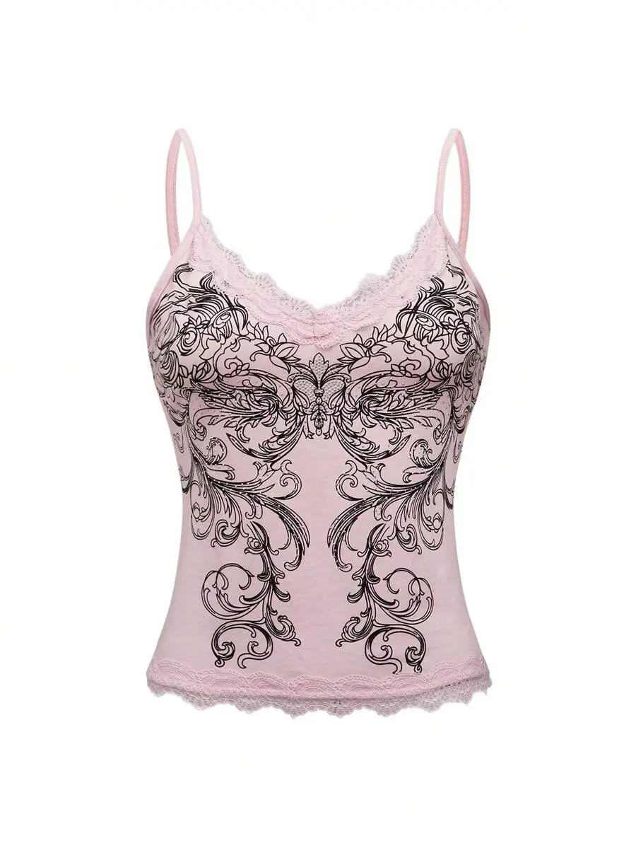 Fairycore Women's Lace Floral Print Camisole Top For Summer