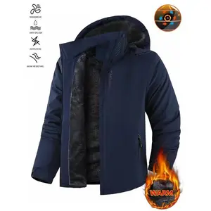 Men's Outdoor Softshell Hooded Jacket, WarmPlush Lined Ski Coat,Casual Colorblock DesignFall & Winter Wear, Slim Fit Woven Fabric