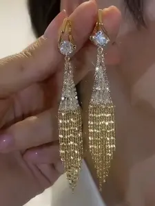 Elegant Long Cross Tassel Dangle Earrings for Women, Fashionable Cubic Zirconia Studs, Trendy Party Jewelry, Stylish Ladies' Accessories