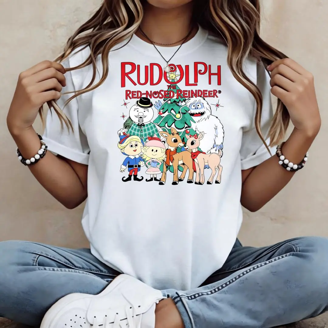 Women's Crew Neck Short Sleeve Tee Rudolph Red Nosed Reindeer Characters | 100% Soft Cotton Stretchy Comfort Fit Top | Casual Everyday Essential For Summer, Workout, Travel & Lounge