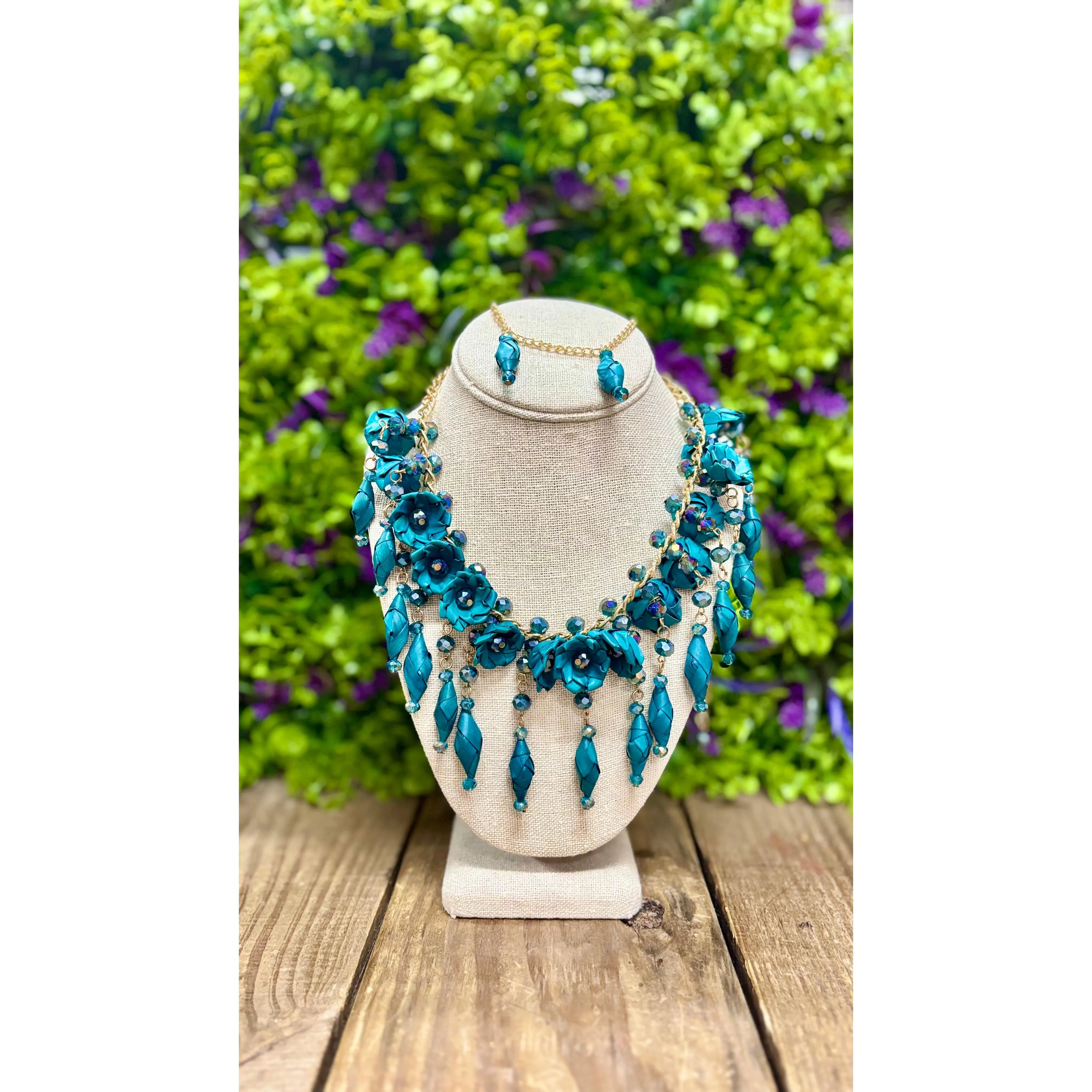 Floral Teal Agave Necklace & Earrings Set