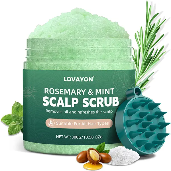 Lovayon Rosemary Scalp Scrub & Exfoliator - Sea Salt & BHA Clarifying Scalp Care with Silicone Massager Brush - Oil Control Cleanser for Oily Scalp & Product Buildup, 10.58oz