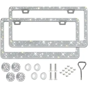 2 Pack Bling License Plate Frame for Women,Sparkly Rhinestone Stainless Steel License Plate Holder, Accessories with Glitter  Caps (White)