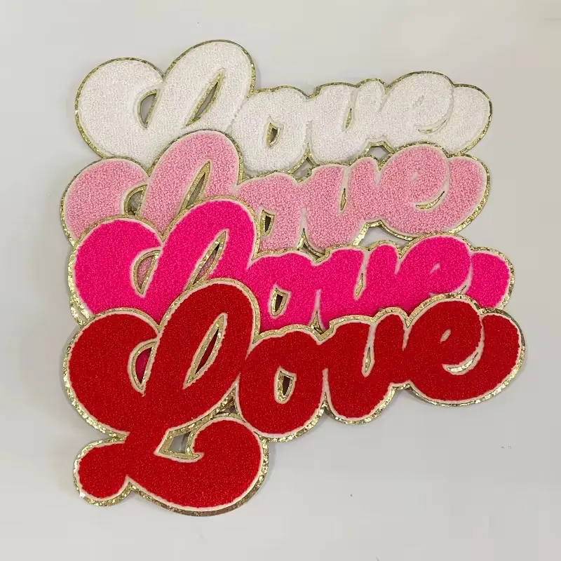 Chenille Iron On Patches - Heart Design with "Love" Text, Featuring Pink and White Colors, Ideal for Personalizing Items
