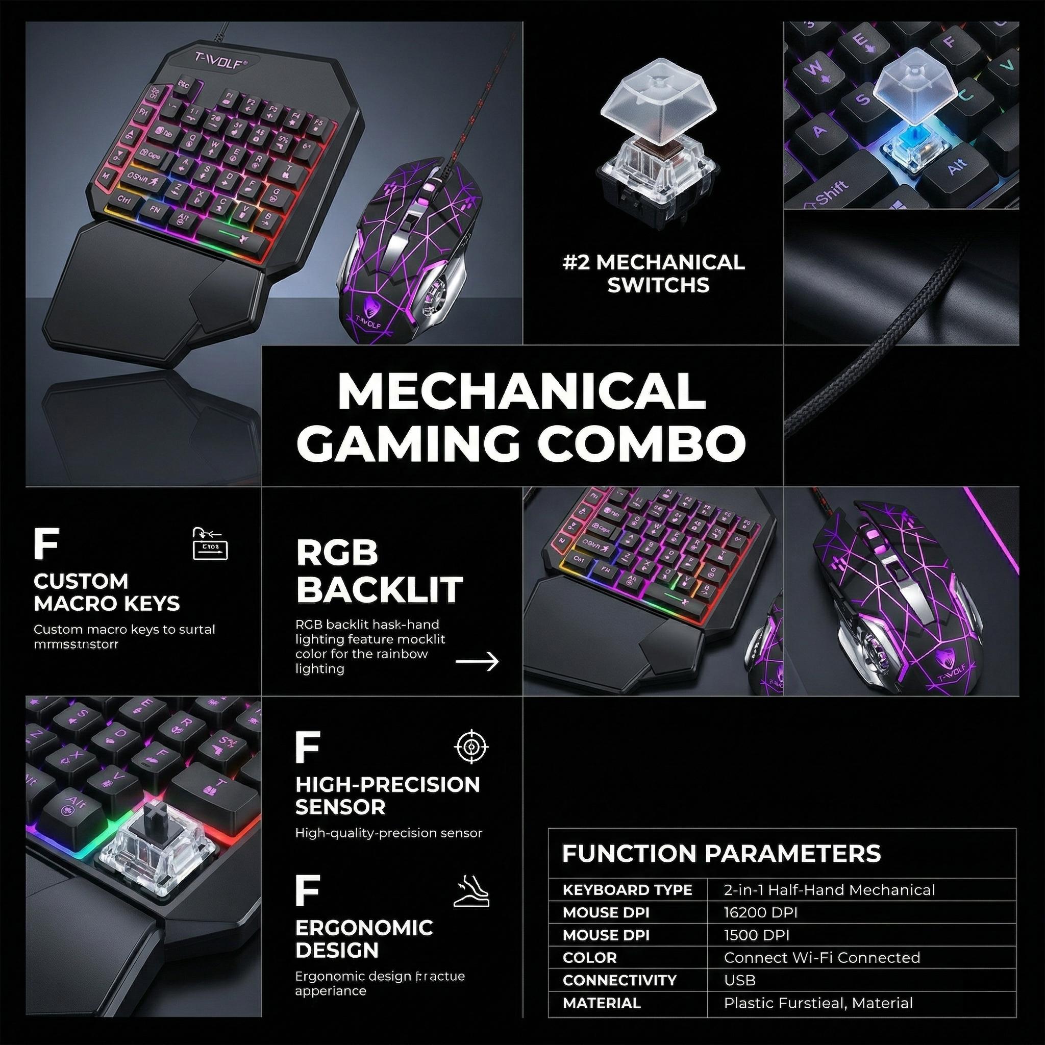 Single-Handed Gaming Keyboard and Mouse Set - 40 Keys Mechanical Feel Mini Keypad with Rainbow Backlight & Ergonomic Wrist Rest - 6 Keys Gamer Mouse 3200DPI for PC, Laptop, FPS Games