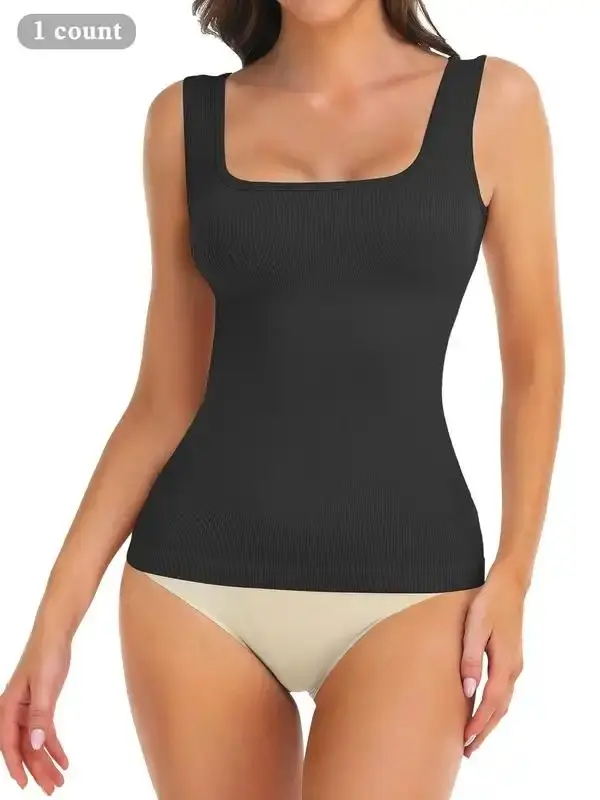 Women's Tummy Control Shapewear Tank Tops, Square Neck Compression Tops, Solid Backless Slim Fit Body Shaper