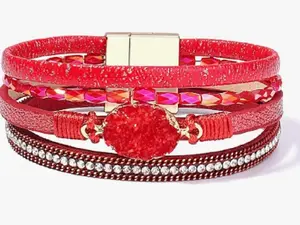 Boho Red Faux Leather Wrap Bracelet with Crystal Beads - A Perfect Jewelry Gift for Women and Teen Girls
