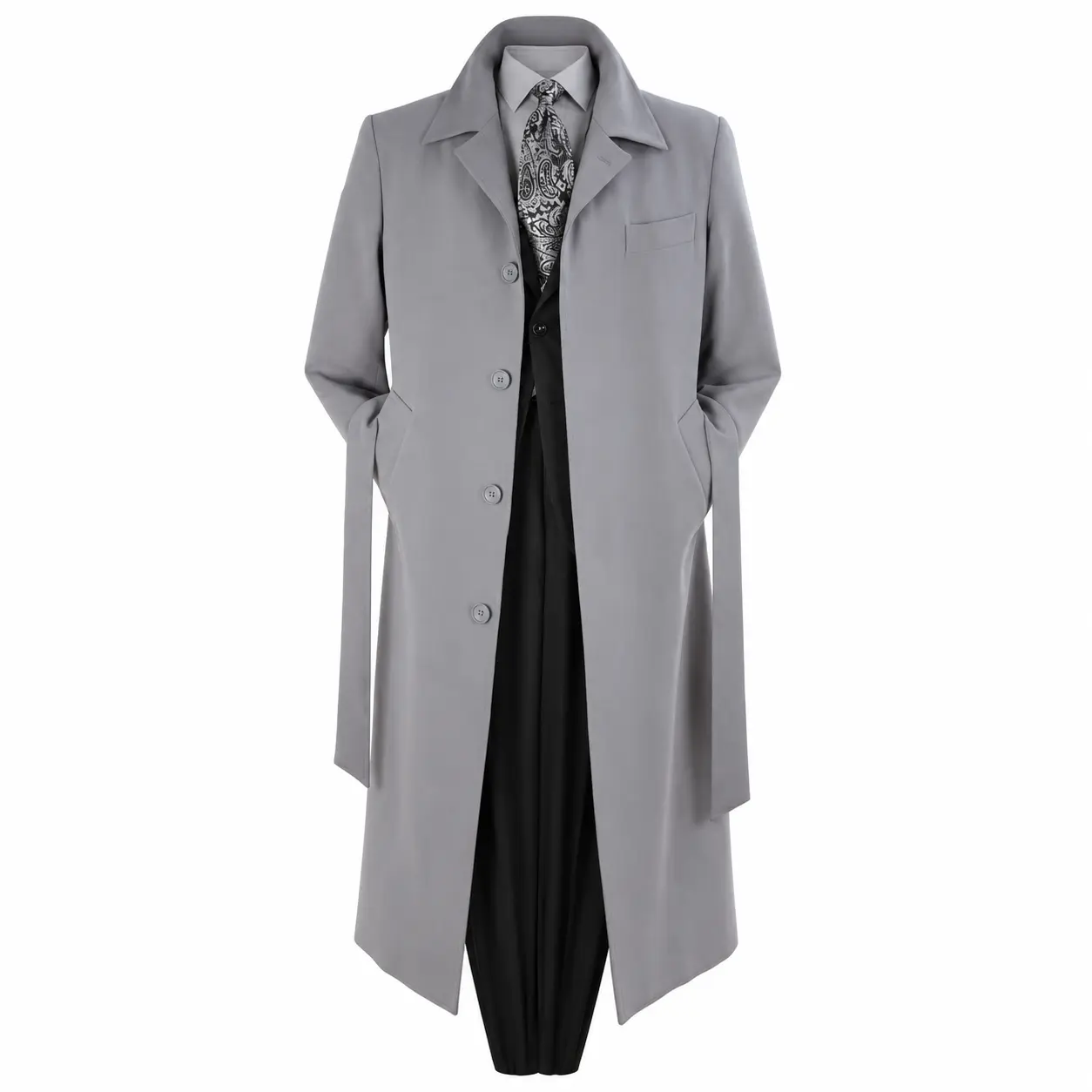 Gray Belted Microfiber Duster Coat