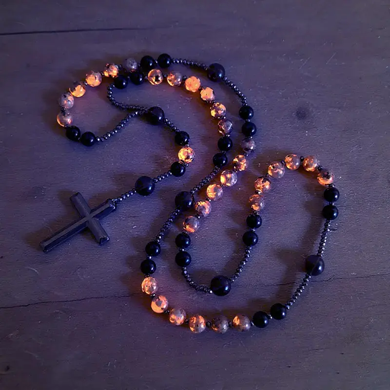 Serelune B Natural Obsidian Yooperlite Rosary UV Reactive Protection Hematite Stone Cross Pendant for her, for him necklace Fashionable Collarbone Chain elegant rhinestone gift sparkly Adjustable Heart Rate Couples Set Day woman party Daily Bible Verse