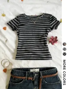 Women's Short Vintage Striped Top, Street Style Y2K Comfort, Casual Fitted H-Type, Short Sleeve, All Seasons Wear