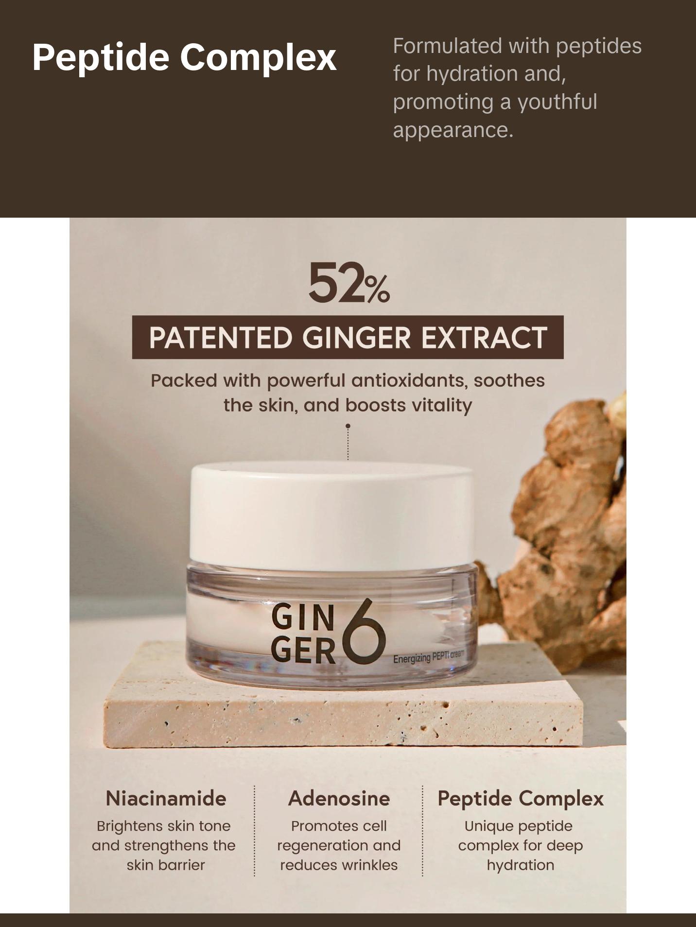 Ginger 6 Energizing PEPTI Cream (1.69fl. oz.) Revitalizing Skin Care, Brightening, with Ginger Water Extract